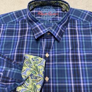 Robert Graham Shirt Mens 3XL Blue Plaid Paisley Flip Cuff Colorful Read